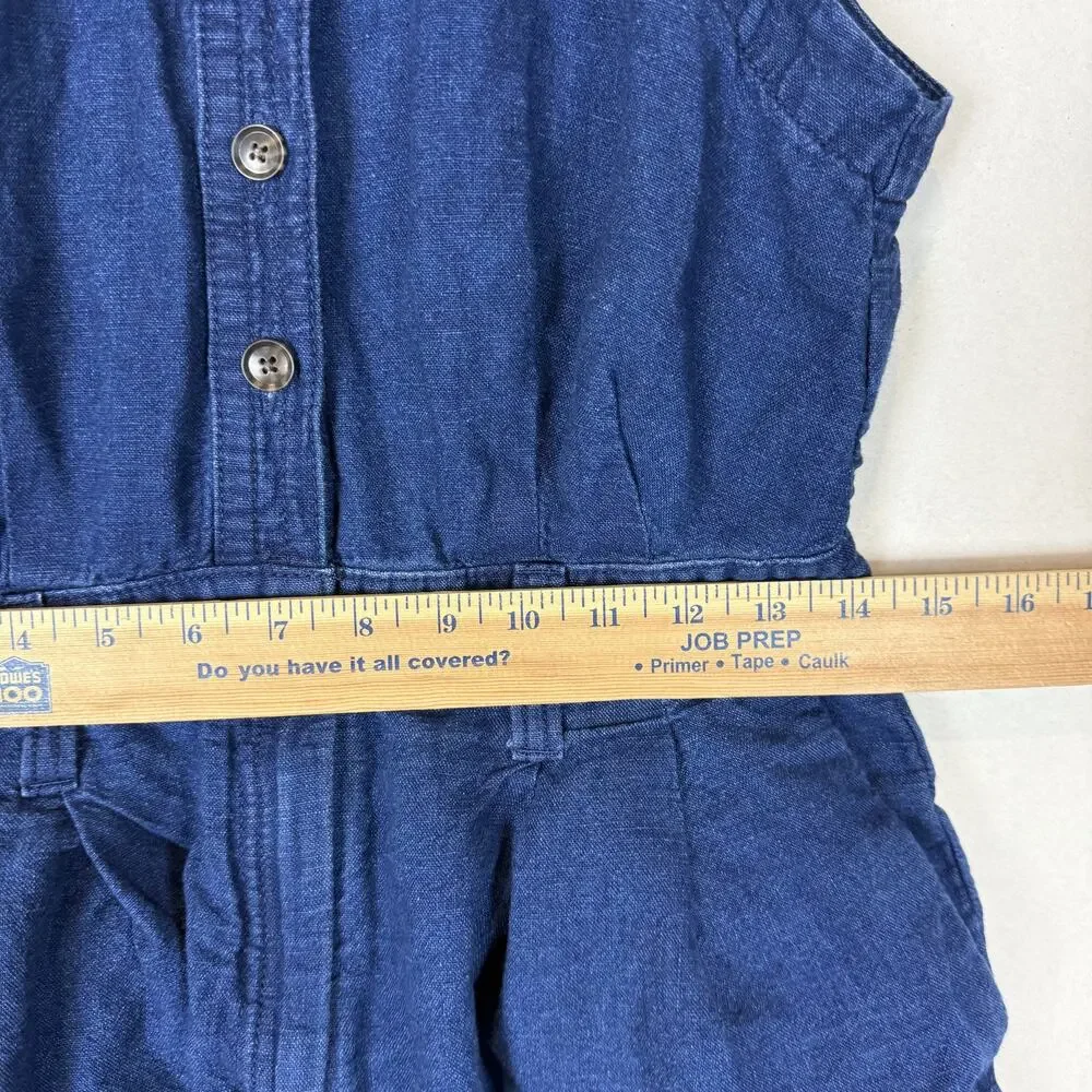 Banana Republic Camp Romper Womens 2 Petite Blue Linen Button Front Tie Waist‎